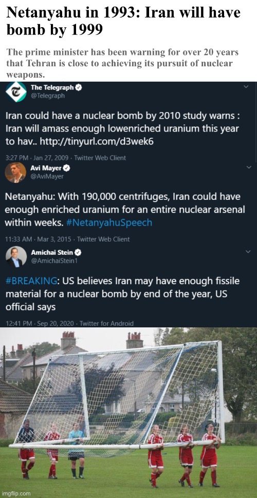 It’s gonna happen any day now... | image tagged in moving the goalposts,iran,nuclear bomb,neocons,warmongers | made w/ Imgflip meme maker