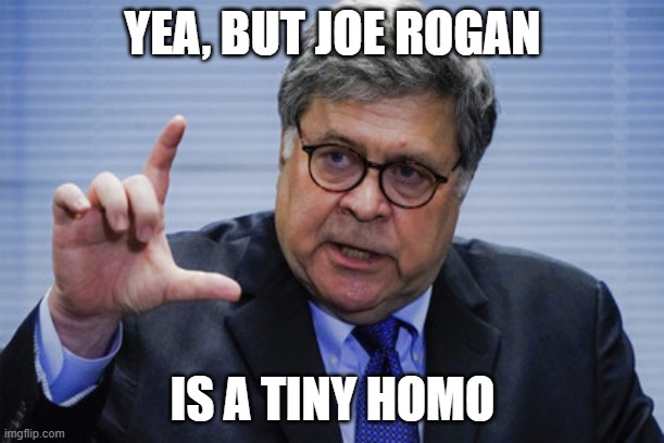 Barr on Rogan | YEA, BUT JOE ROGAN; IS A TINY HOMO | image tagged in barr on rogan | made w/ Imgflip meme maker