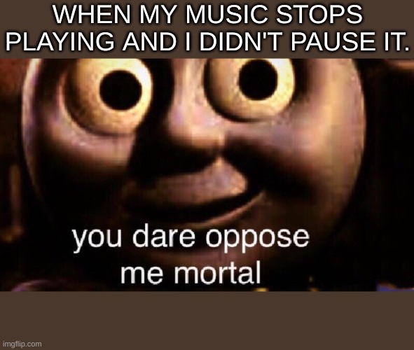 You dare oppose me mortal | WHEN MY MUSIC STOPS PLAYING AND I DIDN'T PAUSE IT. | image tagged in you dare oppose me mortal | made w/ Imgflip meme maker