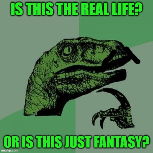 Philosoraptor | IS THIS THE REAL LIFE? OR IS THIS JUST FANTASY? | image tagged in memes,philosoraptor | made w/ Imgflip meme maker