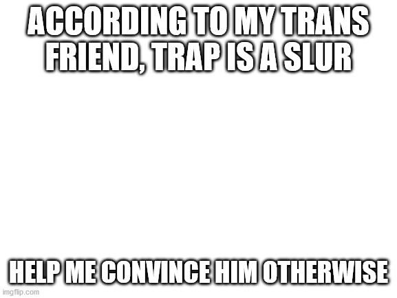 in the context of anime, for a fictional character, and that's it | ACCORDING TO MY TRANS FRIEND, TRAP IS A SLUR; HELP ME CONVINCE HIM OTHERWISE | image tagged in blank white template | made w/ Imgflip meme maker