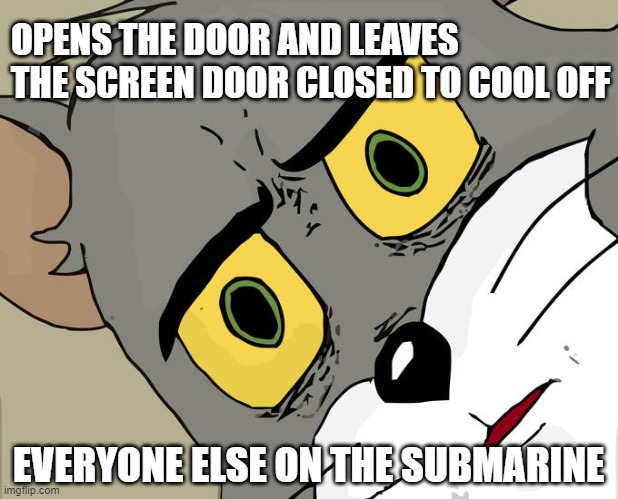 Unsettled Tom | OPENS THE DOOR AND LEAVES THE SCREEN DOOR CLOSED TO COOL OFF; EVERYONE ELSE ON THE SUBMARINE | image tagged in memes,unsettled tom | made w/ Imgflip meme maker