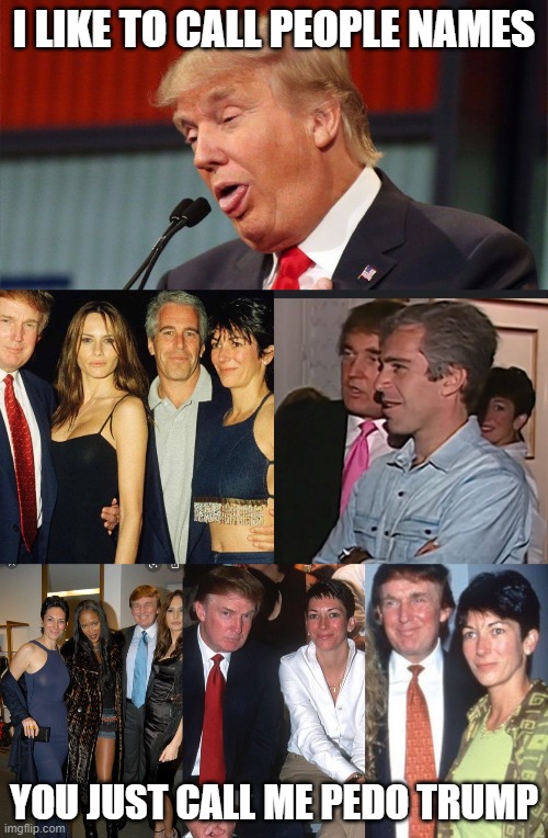 Its time to call him out, what happened to that 13 year old girl again? | I LIKE TO CALL PEOPLE NAMES; YOU JUST CALL ME PEDO TRUMP | image tagged in memes,politics,pedophile,impeach trump,jeffrey epstein,scumbag | made w/ Imgflip meme maker