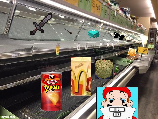 mario goes shoping | SHOPING LIST | image tagged in empty grocery store | made w/ Imgflip meme maker