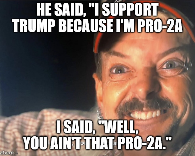 You ain't that Pro-2A | HE SAID, "I SUPPORT TRUMP BECAUSE I'M PRO-2A; I SAID, "WELL, YOU AIN'T THAT PRO-2A." | image tagged in tiger king you ain t that straight,trump,2a | made w/ Imgflip meme maker