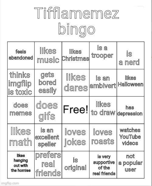 Tifflamemez bingo (I will do part 2 very soon.) | Tifflamemez
bingo; is a trooper; likes music; feels abandoned; likes Christmas; is a nerd; likes Halloween; likes dares; is an ambivert; gets bored easily; thinks imgflip is toxic; likes to draw; does memes; has depression; does gifs; likes math; is an excellent speller; watches YouTube videos; loves roasts; loves jokes; not a popular user; prefers real friends; likes hanging out with the homies; is original; is very supportive of the real friends | image tagged in blank bingo,meme,memes,bingo | made w/ Imgflip meme maker