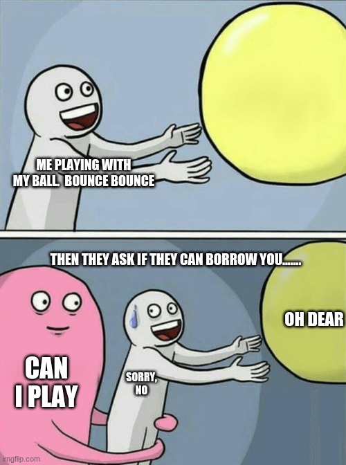 Why did I say no.... | ME PLAYING WITH MY BALL.  BOUNCE BOUNCE; THEN THEY ASK IF THEY CAN BORROW YOU....... OH DEAR; CAN I PLAY; SORRY, NO | image tagged in memes | made w/ Imgflip meme maker