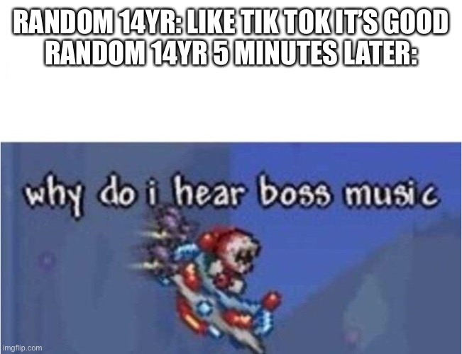 why do i hear boss music | RANDOM 14YR: LIKE TIK TOK IT’S GOOD
RANDOM 14YR 5 MINUTES LATER: | image tagged in why do i hear boss music | made w/ Imgflip meme maker