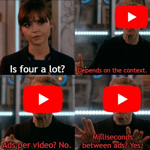 This meme is sponsored by Raid: Shadow Legends. | Is four a lot? Depends on the context. Milliseconds between ads? Yes. Ads per video? No. | image tagged in is four a lot,youtube | made w/ Imgflip meme maker