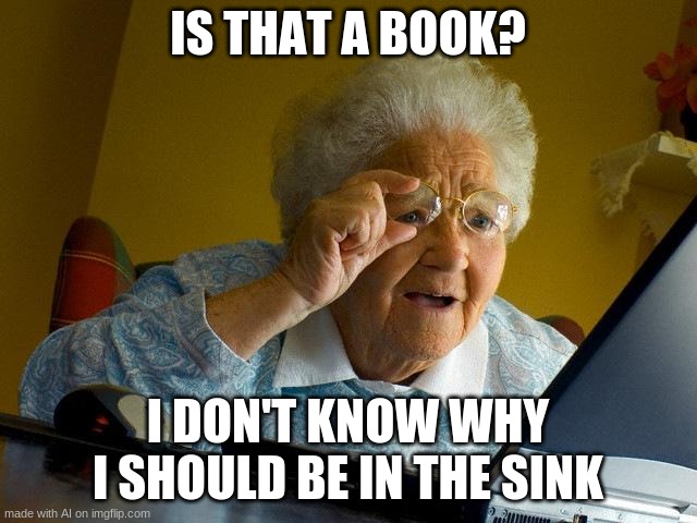 I don't know either, grandma! | IS THAT A BOOK? I DON'T KNOW WHY I SHOULD BE IN THE SINK | image tagged in memes,grandma finds the internet,ai memes,book | made w/ Imgflip meme maker