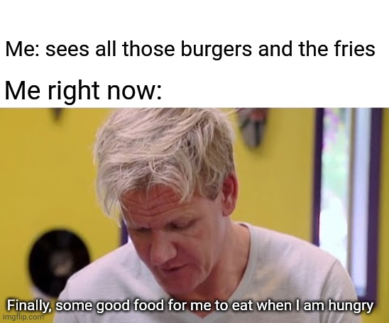 Those delicious burgers and fries | Me: sees all those burgers and the fries; Me right now:; Finally, some good food for me to eat when I am hungry | image tagged in finally some good food,comments,comment section,comment,memes,fast food | made w/ Imgflip meme maker