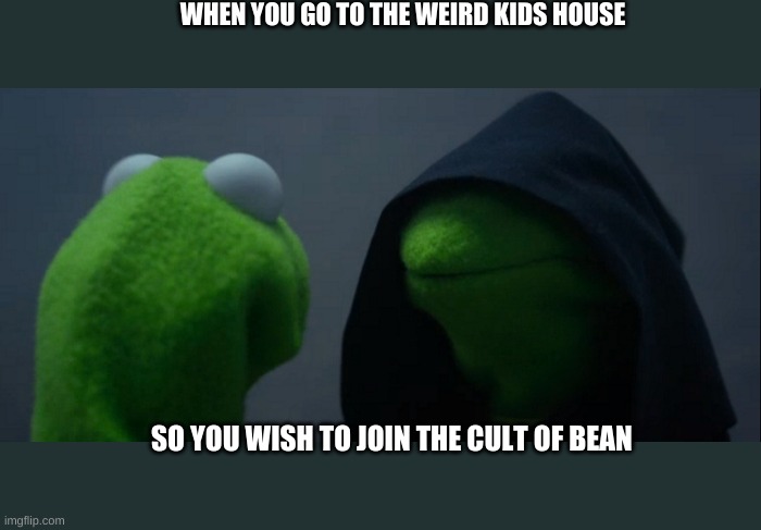 I dont think i want to go back | WHEN YOU GO TO THE WEIRD KIDS HOUSE; SO YOU WISH TO JOIN THE CULT OF BEAN | image tagged in memes,evil kermit,funny | made w/ Imgflip meme maker