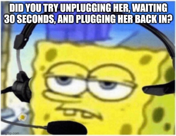 Spongebob headset | DID YOU TRY UNPLUGGING HER, WAITING 30 SECONDS, AND PLUGGING HER BACK IN? | image tagged in spongebob headset | made w/ Imgflip meme maker