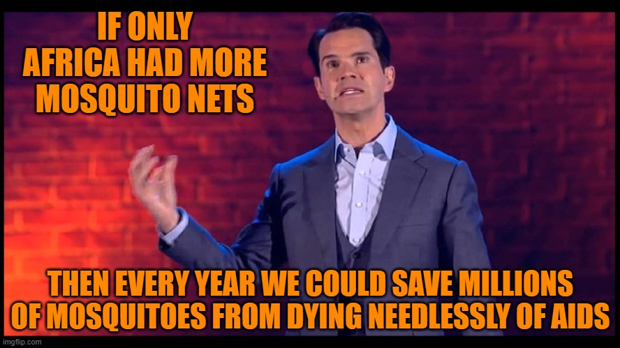 Jimmy Carr | IF ONLY AFRICA HAD MORE MOSQUITO NETS; THEN EVERY YEAR WE COULD SAVE MILLIONS OF MOSQUITOES FROM DYING NEEDLESSLY OF AIDS | image tagged in jimmy carr | made w/ Imgflip meme maker