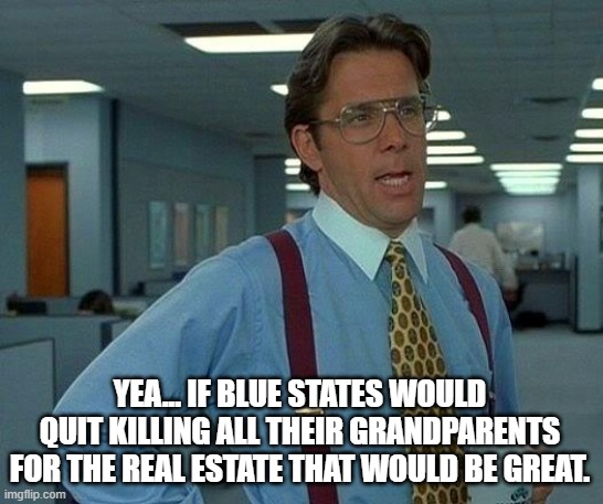 That Would Be Great Meme | YEA... IF BLUE STATES WOULD QUIT KILLING ALL THEIR GRANDPARENTS FOR THE REAL ESTATE THAT WOULD BE GREAT. | image tagged in memes,that would be great | made w/ Imgflip meme maker