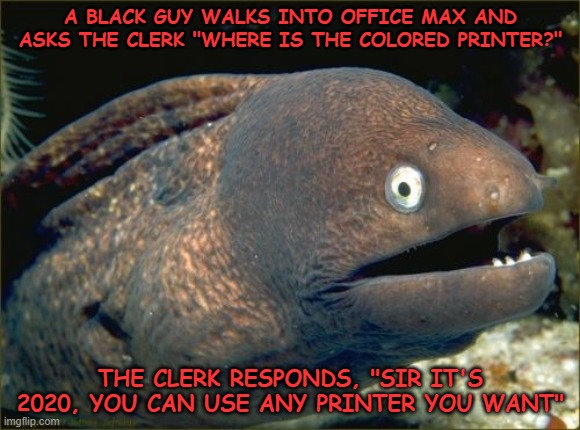 Bad Joke Eel | A BLACK GUY WALKS INTO OFFICE MAX AND ASKS THE CLERK "WHERE IS THE COLORED PRINTER?"; THE CLERK RESPONDS, "SIR IT'S 2020, YOU CAN USE ANY PRINTER YOU WANT" | image tagged in memes,bad joke eel | made w/ Imgflip meme maker