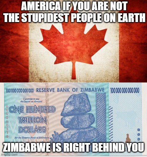 This is how 3rd world nations are created, idiot and selfish leaders | AMERICA IF YOU ARE NOT THE STUPIDEST PEOPLE ON EARTH; ZIMBABWE IS RIGHT BEHIND YOU | image tagged in canada,zimbabwe trillion,memes,donald trump is an idiot,corruption | made w/ Imgflip meme maker