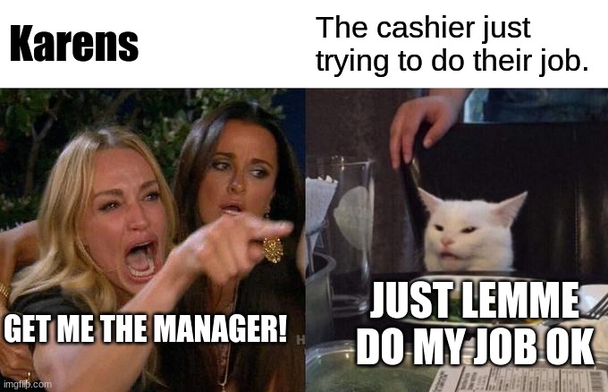 Karens | Karens; The cashier just trying to do their job. JUST LEMME DO MY JOB OK; GET ME THE MANAGER! | image tagged in memes,woman yelling at cat | made w/ Imgflip meme maker