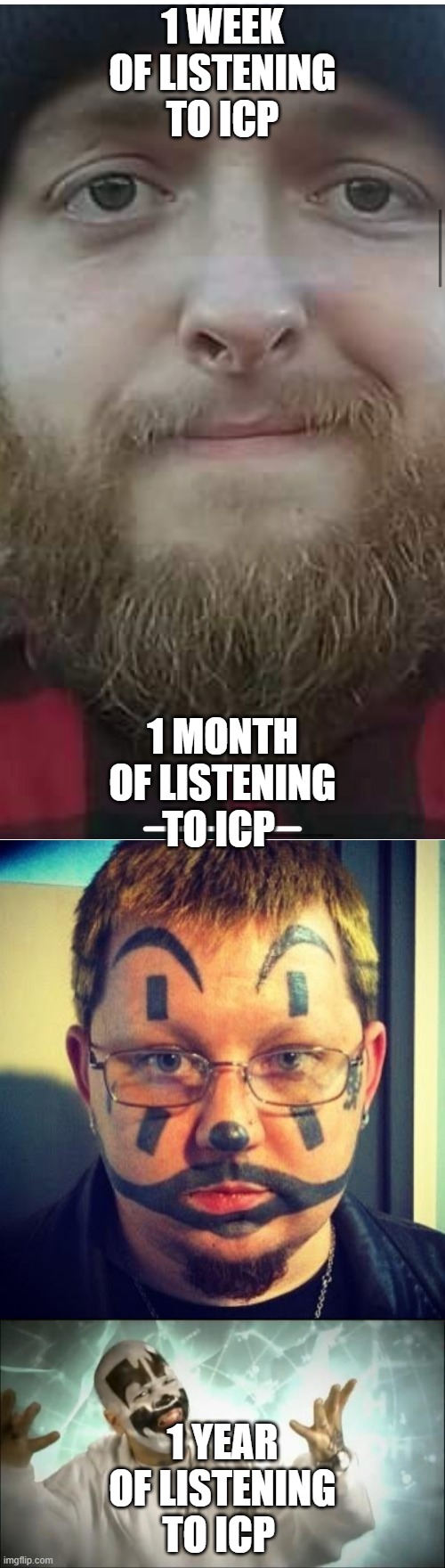 1 WEEK OF LISTENING TO ICP; 1 MONTH OF LISTENING TO ICP; 1 YEAR OF LISTENING TO ICP | image tagged in insane clown posse,icp face tattoo | made w/ Imgflip meme maker
