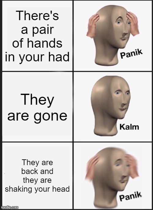 Panik Kalm Panik | There's a pair of hands in your had; They are gone; They are back and they are shaking your head | image tagged in memes,panik kalm panik | made w/ Imgflip meme maker