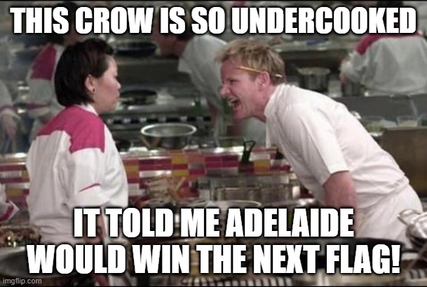 Angry Chef Gordon Ramsay | THIS CROW IS SO UNDERCOOKED; IT TOLD ME ADELAIDE WOULD WIN THE NEXT FLAG! | image tagged in memes,angry chef gordon ramsay,funny memes,chef gordon ramsay,meme,chef ramsay | made w/ Imgflip meme maker