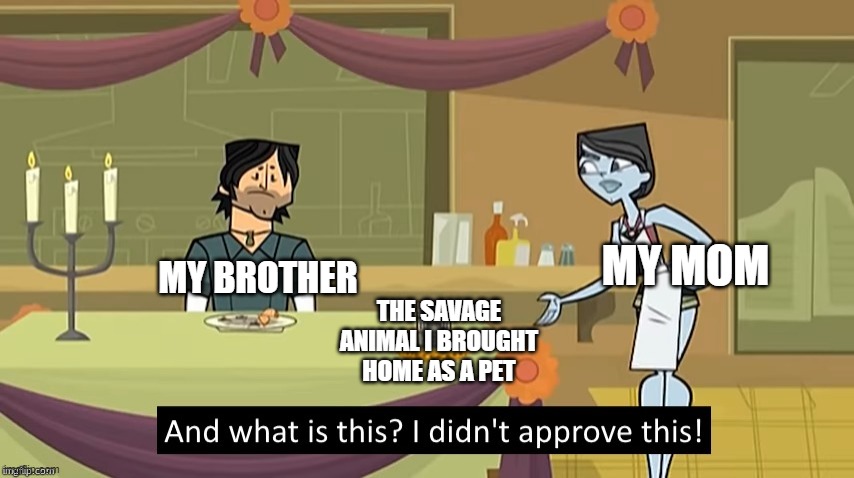 Bringing Home My New Pet |  MY MOM; MY BROTHER; THE SAVAGE ANIMAL I BROUGHT HOME AS A PET | image tagged in i didn't approve this | made w/ Imgflip meme maker