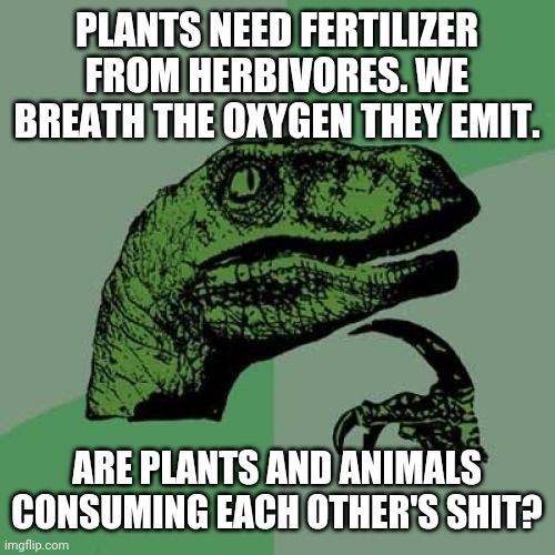 Philosoraptor Meme | PLANTS NEED FERTILIZER FROM HERBIVORES. WE BREATH THE OXYGEN THEY EMIT. ARE PLANTS AND ANIMALS CONSUMING EACH OTHER'S SHIT? | image tagged in memes,philosoraptor | made w/ Imgflip meme maker