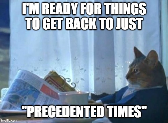 Cat newspaper | I'M READY FOR THINGS TO GET BACK TO JUST; "PRECEDENTED TIMES" | image tagged in cat newspaper | made w/ Imgflip meme maker