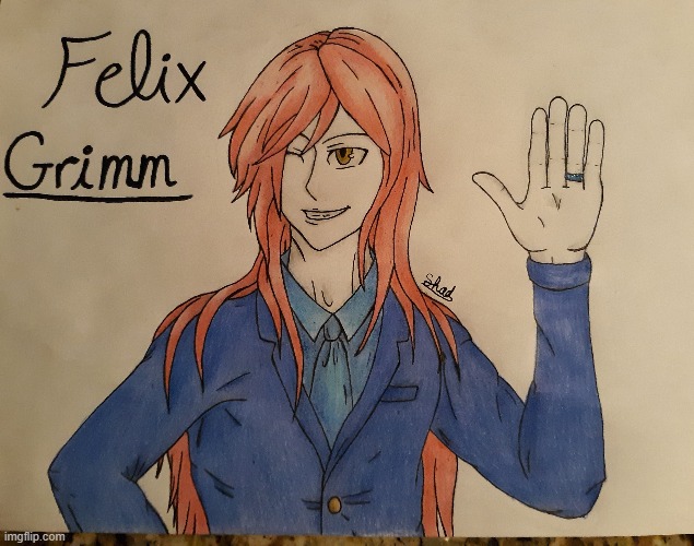 I kind of fixed up the old picture of Felix Grimm and here's the result (I tried to darken the colors and fix up the shading). | image tagged in drawing,felixgrimm,oc,original character,art,coloring | made w/ Imgflip meme maker