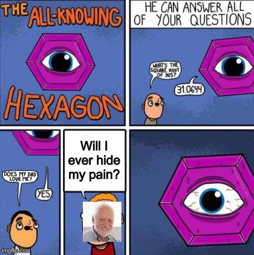 Title. I guess..... | Will I ever hide my pain? | image tagged in all knowing hexagon original | made w/ Imgflip meme maker