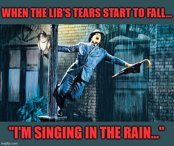 Thanks to AngelSoto5 for the idea! | WHEN THE LIB'S TEARS START TO FALL... "I'M SINGING IN THE RAIN..." | image tagged in singing in the rain,liberal tears | made w/ Imgflip meme maker