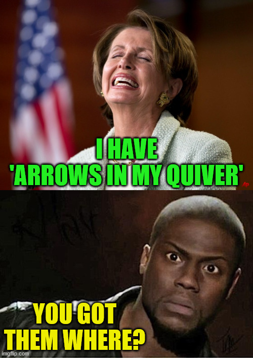 Nancy Pelosi's Quiver | I HAVE
'ARROWS IN MY QUIVER'; YOU GOT THEM WHERE? | image tagged in memes,kevin hart,pelosi,arrows,one does not simply,aint nobody got time for that | made w/ Imgflip meme maker