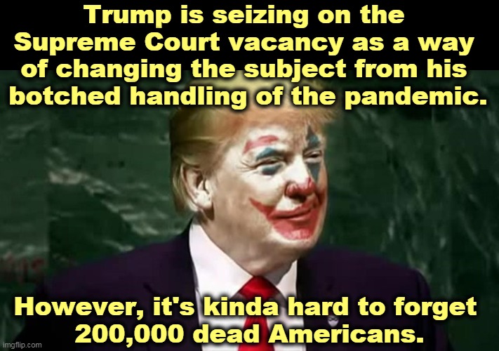 Murderer. | Trump is seizing on the 
Supreme Court vacancy as a way 
of changing the subject from his 
botched handling of the pandemic. However, it's kinda hard to forget 
200,000 dead Americans. | image tagged in trump clown face,trump,supreme court,pandemic,incompetence,murderer | made w/ Imgflip meme maker