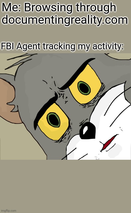 Unsettled Tom | Me: Browsing through documentingreality.com; FBI Agent tracking my activity: | image tagged in memes,unsettled tom | made w/ Imgflip meme maker