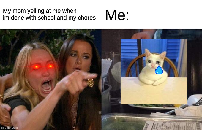 I cant- | My mom yelling at me when im done with school and my chores; Me: | image tagged in memes,woman yelling at cat | made w/ Imgflip meme maker