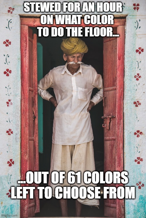 He had to tear of the paper sleeve to do the door... | STEWED FOR AN HOUR     ON WHAT COLOR      TO DO THE FLOOR... ...OUT OF 61 COLORS LEFT TO CHOOSE FROM | image tagged in memes,funny memes,paint,painting | made w/ Imgflip meme maker