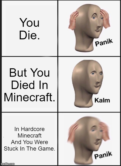 Oh Noes | You Die. But You Died In Minecraft. In Hardcore Minecraft And You Were Stuck In The Game. | image tagged in memes,panik kalm panik | made w/ Imgflip meme maker