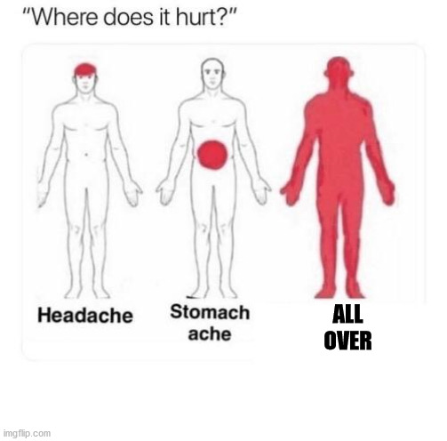 Where does it hurt | ALL OVER | image tagged in where does it hurt | made w/ Imgflip meme maker