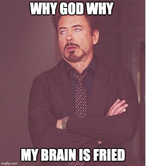 Face You Make Robert Downey Jr Meme | WHY GOD WHY; MY BRAIN IS FRIED | image tagged in memes,face you make robert downey jr | made w/ Imgflip meme maker