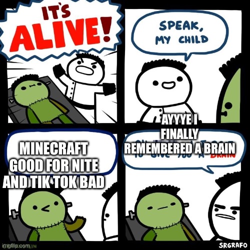 It's alive | AYYYE I FINALLY REMEMBERED A BRAIN; MINECRAFT GOOD FOR NITE AND TIK TOK BAD | image tagged in it's alive | made w/ Imgflip meme maker