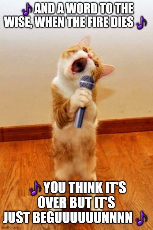Singing cat | 🎵AND A WORD TO THE WISE, WHEN THE FIRE DIES🎵; 🎵YOU THINK IT'S OVER BUT IT'S JUST BEGUUUUUUNNNN🎵 | image tagged in singing cat,memes,a7x,avenged sevenfold,music meme | made w/ Imgflip meme maker