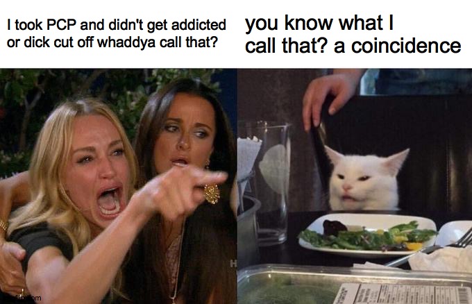 Woman Yelling At Cat | I took PCP and didn't get addicted or dick cut off whaddya call that? you know what I call that? a coincidence | image tagged in memes,woman yelling at cat | made w/ Imgflip meme maker