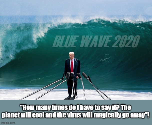 The Wave is Growing... | "How many times do I have to say it? The planet will cool and the virus will magically go away"! | image tagged in donald trump is an idiot,trump is a moron,election 2020,biggest loser | made w/ Imgflip meme maker