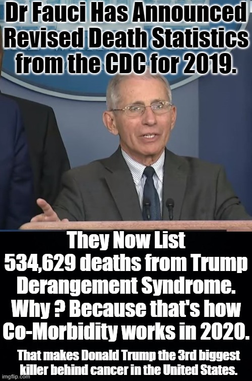 THERE'S ONLY TWO THINGS THAT KILL PEOPLE MORE THAN DONALD TRUMP AND ALL THANKS TO THE WONDERFUL WORLD OF COMORBIDITY. | Dr Fauci Has Announced Revised Death Statistics from the CDC for 2019. They Now List 534,629 deaths from Trump Derangement Syndrome. Why ? Because that's how Co-Morbidity works in 2020. That makes Donald Trump the 3rd biggest killer behind cancer in the United States. | image tagged in fauci pharmaceuticals inc,comorbidity,trump derangement syndrome,cdc revised totals | made w/ Imgflip meme maker