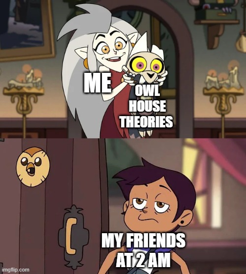 The Owl House Meme | OWL HOUSE THEORIES; ME; MY FRIENDS AT 2 AM | image tagged in cartoon | made w/ Imgflip meme maker