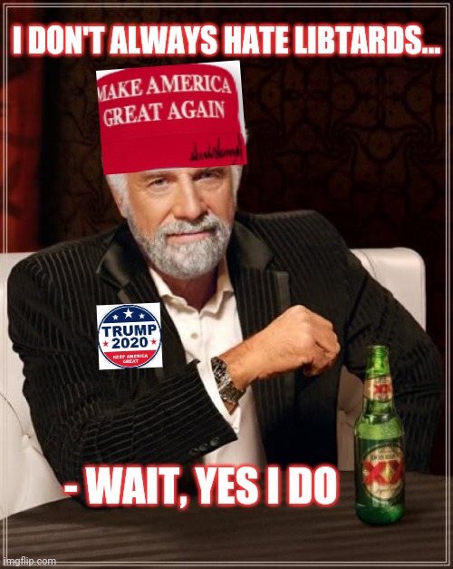 The Most Interesting Man In The World Meme | I DON'T ALWAYS HATE LIBTARDS... - WAIT, YES I DO | image tagged in memes,the most interesting man in the world,libtards,suck,vote trump | made w/ Imgflip meme maker