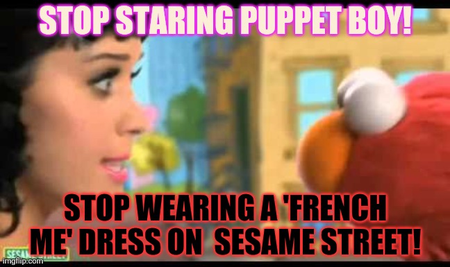 Stop it! | STOP STARING PUPPET BOY! STOP WEARING A 'FRENCH ME' DRESS ON  SESAME STREET! | image tagged in katy perry,elmo,dress,staring | made w/ Imgflip meme maker