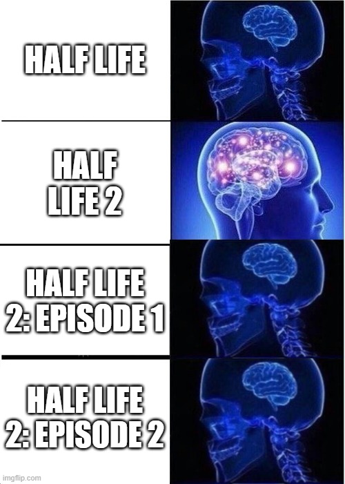 Half life thing lol | HALF LIFE; HALF LIFE 2; HALF LIFE 2: EPISODE 1; HALF LIFE 2: EPISODE 2 | image tagged in memes,expanding brain | made w/ Imgflip meme maker