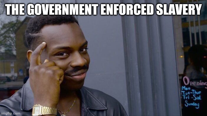 Without government... | THE GOVERNMENT ENFORCED SLAVERY | image tagged in memes,roll safe think about it | made w/ Imgflip meme maker