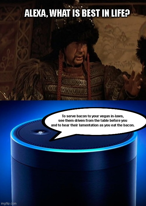 What is best in life? | ALEXA, WHAT IS BEST IN LIFE? To serve bacon to your vegan in-laws, see them driven from the table before you and to hear their lamentation as you eat the bacon. | image tagged in alexa what is best in life,conan the barbarian,alexa,humor | made w/ Imgflip meme maker